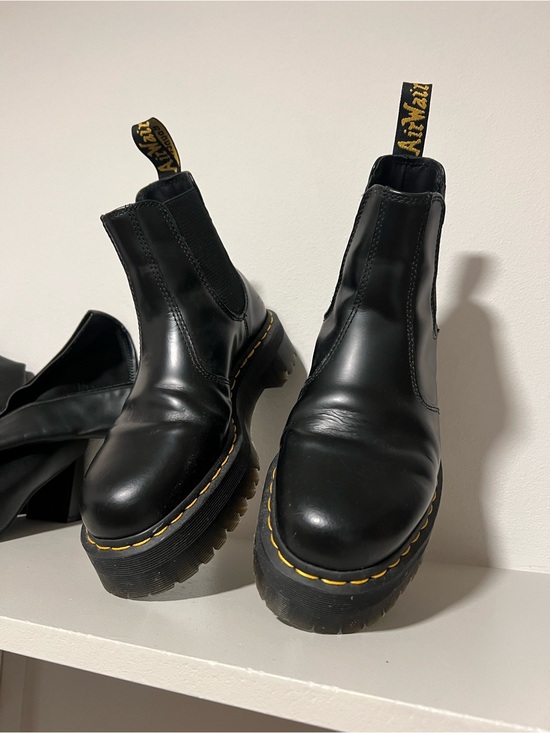 Dr. Martens Shoes - Dr. Martens Black Leather Chelsea Platform Boots with Yellow Stitching